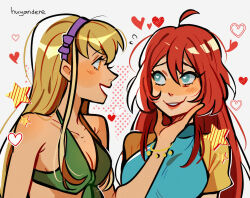 Rule 34 | 2girls, ahoge, armpit crease, blonde hair, bloom (winx club), blue eyes, bracelet, breasts, cleavage, commentary, english commentary, front-tie top, hair between eyes, hairband, hand on another&#039;s chin, heart, heart-shaped pupils, highres, huyandere, jewelry, long hair, medium breasts, multiple girls, orange eyes, parted lips, purple hairband, red hair, shirt, signature, stella (winx club), symbol-shaped pupils, t-shirt, two-tone shirt, winx club, yuri