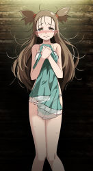 Rule 34 | 1girl, bare legs, blush, bra, brown eyes, brown hair, clenched teeth, collarbone, cover, creatures (company), floating hair, game freak, highres, holding, holding clothes, jasmine (pokemon), long hair, looking at viewer, nintendo, panties, pokemon, pokemon hgss, solo, standing, sweatdrop, teeth, tsukishiro saika, two side up, underwear, underwear only, very long hair, white bra, white panties, wooden wall