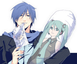 Rule 34 | 1boy, aqua eyes, aqua hair, blue eyes, blue hair, blue scarf, child&#039;s drawing, dakimakura (object), detached sleeves, drawing, formal, hatsune miku, headphones, headset, hugging object, kaito (vocaloid), long hair, looking at viewer, male focus, matching hair/eyes, mouth hold, nail polish, necktie, pillow, pillow hug, scarf, simple background, smile, solo, suit, tomo (damejin), tomo (pixiv586511), twintails, vocaloid, white background