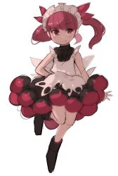 Rule 34 | 1girl, absurdres, ankle boots, apron, arms at sides, bad id, bad twitter id, black dress, blunt bangs, blush, boots, bow, closed mouth, dress, full body, hair bow, highres, kemurikusa, maid headdress, red bow, red dress, red eyes, red hair, rina (kemurikusa), simple background, smile, solo, tsukiori, twintails, white apron, white background
