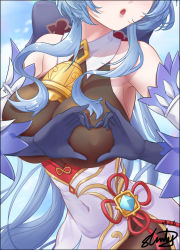 Rule 34 | 1girl, armpits, artist name, bare shoulders, bell, blue gloves, blue hair, bow, breast focus, breasts, chinese knot, close-up, covered navel, detached sleeves, flower knot, ganyu (genshin impact), genshin impact, gloves, gold trim, head out of frame, heart, heart-shaped boob challenge, heart hands, highres, large breasts, long hair, neck bell, open mouth, red rope, rope, sideboob, sidelocks, slinly, solo, upper body, vision (genshin impact), white sleeves