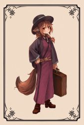 Rule 34 | 159cm, belt, black hat, black necktie, blush, brown belt, closed mouth, full body, hair between eyes, hair over shoulder, haori, hat, highres, holding, holding suitcase, japanese clothes, kimono, long hair, looking at viewer, necktie, original, red eyes, short necktie, smile, solo, standing, suitcase, tail, top hat, wine-chan (159cm)