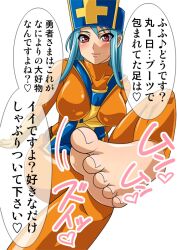 Rule 34 | 1girl, barefoot, blue hair, blush, bodysuit, dragon quest, dragon quest iii, feet, hat, long hair, looking at viewer, priest (dq3), red eyes, soles, toes, translated