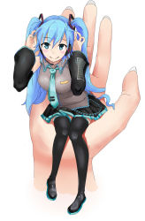 Rule 34 | 1girl, alternate hair color, bad id, bad pixiv id, black thighhighs, blue hair, boots, detached sleeves, full body, green eyes, hatsune miku, highres, in palm, long hair, long sleeves, looking at viewer, mini person, minigirl, miniskirt, necktie, pov, roillingm, simple background, skirt, solo focus, thigh boots, thighhighs, twintails, very long hair, vocaloid, white background, zettai ryouiki