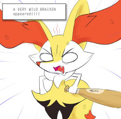 Rule 34 | 1girl, anger vein, angry, animal ear fluff, animal ears, animal nose, artist name, baseball bat, black fur, blank eyes, body fur, braixen, character name, cowboy shot, creatures (company), dated, emphasis lines, english text, eryz, fangs, female focus, flat chest, fox ears, fox girl, fox tail, furry, furry female, game freak, gen 6 pokemon, hands on own hips, holding, holding baseball bat, jpeg artifacts, nintendo, o o, open mouth, pokemon, pokemon (creature), revision, signature, simple background, sketch, snout, solo, standing, tail, v-shaped eyebrows, white background, white eyes, white fur, yellow fur