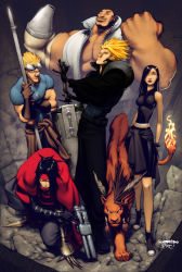Rule 34 | 00s, 1990s (style), 1girl, 4boys, arm cannon, barret wallace, black hair, blonde hair, cape, cid highwind, claws, clothes around waist, cloud strife, dark skin, dog tags, artistic error, feathers, final fantasy, final fantasy vii, final fantasy vii advent children, francisco perez, gloves, goggles, goggles on head, gun, headband, keron grant, multiple boys, polearm, red cape, red xiii, rubble, shirt, shirt around waist, spear, sword, tifa lockhart, vest, vincent valentine, weapon
