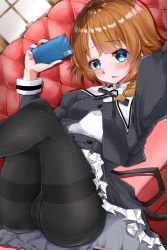 Rule 34 | 1girl, absurdres, arm up, assault lily, black pantyhose, black ribbon, black skirt, blue eyes, blurry, blurry background, blush, braid, braided ponytail, brown hair, buttons, cellphone, clothes lift, couch, cropped jacket, crotch seam, dutch angle, frilled skirt, frills, futagawa fumi, glint, hair over shoulder, hand up, high-waist skirt, highres, holding, holding phone, indoors, juliet sleeves, legs up, long hair, long sleeves, looking at viewer, lying, neck ribbon, on back, on couch, panties, panties under pantyhose, pantyhose, parted lips, phone, puffy sleeves, ribbon, school uniform, skirt, skirt lift, smartphone, solo, thighband pantyhose, underwear, upskirt, wavy mouth, ya-man, yurigaoka girls academy school uniform