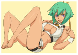 Rule 34 | 10s, 1girl, aquarion (series), aquarion evol, bad id, bad pixiv id, barefoot, breasts, cleavage, cleavage cutout, clothing cutout, feet, green hair, gus (clarkii), large breasts, legs, midriff, navel, purple eyes, short hair, short shorts, shorts, solo, toes, zessica wong