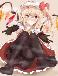 Rule 34 | 1girl, aya-daisuki218, black gloves, black pantyhose, blush, brown background, commentary request, feet, flandre scarlet, frilled sleeves, frills, full body, gloves, hair between eyes, hat, hat ribbon, highres, looking at viewer, mob cap, pantyhose, puffy short sleeves, puffy sleeves, red eyes, red ribbon, ribbon, shirt, shoes, short sleeves, simple background, smell, solo, steaming body, sweat, touhou, unworn shoes, white hat, white shirt, wings