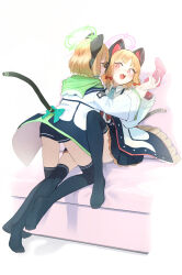 Rule 34 | 2girls, :3, absurdres, animal ear headphones, animal ears, aqua bow, black shorts, black skirt, black thighhighs, blonde hair, blue archive, blue necktie, blush, bow, cat ear headphones, collared shirt, controller, fake animal ears, fake tail, frilled skirt, frills, full body, game controller, green eyes, hair bow, headphones, highres, holding, holding controller, holding game controller, hood, hooded jacket, incest, jacket, kabanoki, looking at another, midori (blue archive), momoi (blue archive), multiple girls, necktie, open mouth, red bow, red eyes, shirt, short hair, shorts, siblings, simple background, sisters, skirt, smile, tail, thighhighs, twins, white shirt