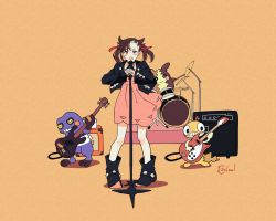 Rule 34 | 1girl, amplifier, asymmetrical bangs, band, black choker, black eyes, black footwear, black jacket, blush, boots, brown hair, cable, choker, coalowl, commentary, creatures (company), croagunk, cymbals, dress, drum, drum set, electric guitar, full body, game freak, gen 4 pokemon, gen 5 pokemon, gen 8 pokemon, guitar, hair ribbon, holding, holding instrument, holding microphone stand, instrument, jacket, looking at viewer, marnie (pokemon), medium hair, microphone, microphone stand, morpeko, music, nintendo, open clothes, open jacket, open mouth, orange background, own hands clasped, own hands together, pink dress, pokemon, pokemon (creature), pokemon swsh, red ribbon, ribbon, scraggy, short dress, signature, simple background, singing, standing, twintails