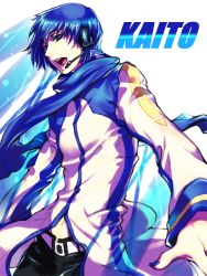 Rule 34 | 1boy, bad id, bad pixiv id, blue eyes, blue hair, blue scarf, character name, headset, julion (akesuzu), kaito (vocaloid), male focus, matching hair/eyes, nail polish, navel, open mouth, scarf, solo, vocaloid