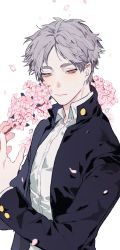 Rule 34 | 1boy, black jacket, buttons, closed mouth, flower, gakuran, grey hair, haikyuu!!, highres, holding, holding flower, jacket, long sleeves, looking to the side, male focus, mgmg 1012, mole, mole under eye, open clothes, open jacket, petals, school uniform, shirt, short hair, solo, sugawara koushi, white shirt