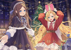Rule 34 | 2girls, arms up, beret, blonde hair, blue cape, blue dress, blue eyes, blue headwear, blush, braid, brown hair, candy, candy cane, cape, capelet, christmas, christmas stocking, christmas tree, commentary, cowboy shot, dress, food, fur-trimmed capelet, fur trim, garland (decoration), gift, gold, green eyes, hair ornament, hat, head tilt, holding, holding gift, indoors, long hair, long sleeves, looking at viewer, multiple girls, open mouth, original, red eyes, sidelocks, smile, snow, star (symbol), symbol-only commentary, very long hair, wavy hair, wenz, window