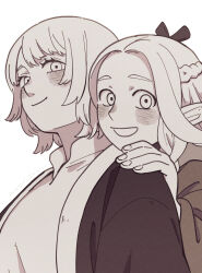 Rule 34 | 2girls, :d, blush, braid, commentary, dungeon meshi, elf, falin touden, falin touden (tallman), french braid, greyscale, hand on another&#039;s shoulder, head on another&#039;s shoulder, highres, jacket, long hair, looking at viewer, marcille donato, medium hair, monochrome, multiple girls, open clothes, open jacket, open mouth, parted bangs, pointy ears, ribbon, shirt, signature, smile, tamaki26j, white background