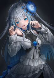 Rule 34 | 1girl, bell, black nails, blue hair, blunt bangs, breasts, collar, colored inner hair, crown, dress, fangs, grey background, grey hair, highres, kajaneko, long hair, looking at viewer, multicolored hair, neck bell, open mouth, original, small breasts, solo