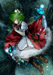 Rule 34 | 1girl, bad id, bad pixiv id, boots, bug, butterfly, butterfly on head, dress, closed eyes, female focus, flower, flower wreath, full body, green hair, highres, bug, kazami yuuka, layered dress, light particles, lying, on side, petticoat, puffy sleeves, red dress, short sleeves, silentdin, sleeping, solo, touhou, white dress, wreath