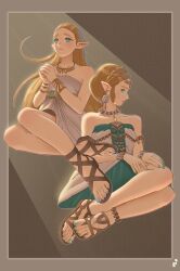 Rule 34 | 1girl, 2girls, absurdres, aqua eyes, aqua nails, artist logo, blonde hair, blush, border, brown footwear, closed mouth, collarbone, commentary, dress, english commentary, feet, forehead, full body, gladiator sandals, grey background, grey border, grey dress, hands up, highres, jewelry, legs, long hair, looking to the side, mohoshadream, multiple girls, multiple persona, nail polish, necklace, nintendo, own hands together, patterned background, pointy ears, princess zelda, sandals, short dress, sitting, solo, strapless, strapless dress, the legend of zelda, the legend of zelda: breath of the wild, the legend of zelda: tears of the kingdom, toenail polish, toenails, toes