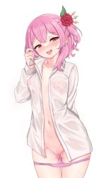 Rule 34 | 1girl, absurdres, adjusting hair, blush, breasts, cleft of venus, collar, covered erect nipples, flower, hair flower, hair ornament, highres, looking at viewer, navel, nijisanji, nijisanji en, nose blush, open clothes, panties, panty pull, pink hair, plant, pussy, red flower, red rose, rose, rosemi lovelock, see-through, shirt, short sidetail, simple background, sleepypudding, small breasts, smile, sweat, underwear, virtual youtuber, wet, wet clothes, white background, white shirt