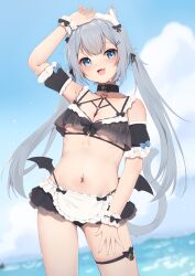 Rule 34 | 1girl, :d, absurdres, animal ears, bat wings, bikini, black bikini, black wings, blue sky, breasts, cat ears, cleavage, cloud, commentary request, day, grey hair, highres, hinata (user rjkt4745), long hair, maid, maid headdress, medium breasts, navel, navel piercing, open mouth, original, outdoors, piercing, sky, smile, standing, swimsuit, twintails, wings