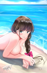 Rule 34 | 1girl, beach, blue eyes, blue sky, blunt bangs, blush, bow, braid, breasts, brown hair, cloud, day, hair bow, large breasts, long hair, looking at viewer, lying, ocean, on stomach, original, outdoors, pink bow, sand, schreibe shura, side braid, sidelocks, sky, solo, topless, wet