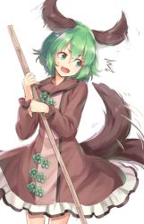 Rule 34 | &gt;:d, 1girl, :d, ^^^, afterimage, animal ears, blue eyes, blush, cowboy shot, dress, ear wiggle, green hair, hair between eyes, highres, holding, kasodani kyouko, long sleeves, looking to the side, motion lines, oborofu, open mouth, short hair, simple background, smile, solo, tail, tail wagging, touhou, v-shaped eyebrows, white background
