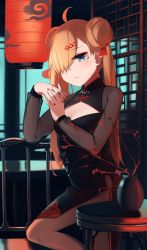 Rule 34 | 1girl, absurdres, black dress, black pantyhose, blonde hair, blue eyes, breasts, china dress, chinese clothes, closed mouth, double bun, dress, feet out of frame, girls&#039; frontline, hair between eyes, hair bun, hair ornament, hair over one eye, hairclip, highres, hinami047, lamp, long hair, long sleeves, looking at viewer, mg36 (girls&#039; frontline), mg36 (scarlet turk&#039;s cap) (girls&#039; frontline), mole, mole under eye, nail polish, official alternate costume, pantyhose, red nails, solo, standing, table