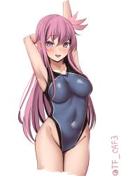 Rule 34 | 1girl, arm behind head, arm up, black one-piece swimsuit, blue one-piece swimsuit, blush, breasts, brown hair, collarbone, covered navel, cowboy shot, hair ornament, highres, kantai collection, kisaragi (kancolle), long hair, looking at viewer, medium breasts, one-piece swimsuit, open mouth, purple eyes, simple background, smile, solo, swimsuit, tf cafe, twitter username, two-tone swimsuit, white background