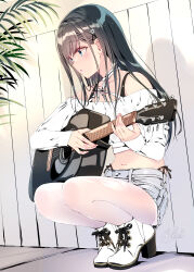 Rule 34 | 1girl, acoustic guitar, black hair, blue eyes, boots, commentary request, cutoffs, denim, denim shorts, guitar, hair ornament, hairclip, high heel boots, high heels, highres, instrument, kobayashi chisato, long hair, long sleeves, midriff, navel, open mouth, original, panties, pantyhose, pantyhose under shorts, shirt, short shorts, shorts, side-tie panties, solo, squatting, thighs, underwear, white footwear, white pantyhose, white shirt, white sleeves