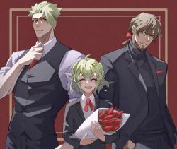 Rule 34 | 3boys, absurdres, achilles (fate), adjusting clothes, adjusting necktie, ahoge, black jacket, black pants, black sweater, black vest, bouquet, braid, braided bun, brown eyes, brown hair, buttons, closed eyes, closed mouth, collared shirt, facial hair, fate/grand order, fate (series), flower, goatee, grey hair, hair bun, hair ribbon, haruakira, hector (fate), highres, jacket, long hair, male focus, mature male, multiple boys, muscular, muscular male, necktie, open mouth, orange eyes, pants, paris (fate), red background, red flower, red necktie, red ribbon, ribbon, shirt, short hair, smile, sweater, trap, turtleneck, turtleneck sweater, undercut, upper body, vest, white shirt