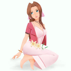 Rule 34 | 1girl, aerith gainsborough, arm behind back, bad id, bad pixiv id, bare shoulders, barefoot, black choker, bmo art, bodysuit, bow, bracelet, breasts, brown hair, choker, commentary, cropped jacket, desk, dress, final fantasy, final fantasy vii, flower, green eyes, hair bow, hair intakes, jacket, jewelry, lily (flower), lips, lipstick, long dress, long hair, looking to the side, looking up, makeup, medium breasts, necklace, off shoulder, on desk, parted hair, pink bodysuit, pink dress, pink lips, ringlets, simple background, sitting, on desk, solo, texture, upturned eyes, v-shaped eyebrows, white background, yokozuwari