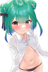 Rule 34 | 1girl, blush, breasts, collarbone, earrings, flat chest, green hair, hair between eyes, hair ribbon, highres, hololive, jewelry, k mugura, long sleeves, midriff, navel, open clothes, open shirt, panties, red eyes, ribbon, shirt, short hair, simple background, small breasts, smile, solo, standing, teeth, underwear, uruha rushia, virtual youtuber, white background
