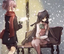 Rule 34 | 10s, 2girls, black hair, breath, can, chibirisu, coat, gloves, hair over one eye, hayashimo (kancolle), kantai collection, long hair, looking away, multiple girls, pantyhose, red scarf, scarf, shiranui (kancolle), snowing, thighhighs, uniform, very long hair, winter