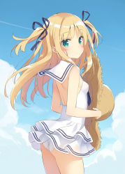Rule 34 | 1girl, :&lt;, ass, backless outfit, bare back, blonde hair, blush, breasts, cloud, contrail, cowboy shot, day, flat ass, from side, green eyes, hair ribbon, hat, holding, holding clothes, holding hat, kani biimu, long hair, looking at viewer, looking back, one-piece swimsuit, original, outdoors, ribbon, sailor collar, see-through silhouette, shimotsuki potofu, sky, small breasts, solo, standing, straw hat, summer, swimsuit, two side up, unworn hat, unworn headwear, wind