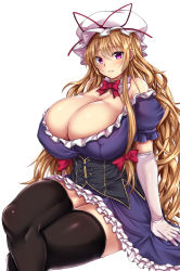 Rule 34 | 1girl, alternate breast size, arm support, asymmetrical breasts, bare shoulders, black thighhighs, blonde hair, blush, bow, bowtie, breasts, brown hair, cleavage, commentary request, corset, covered erect nipples, crossed legs, curvy, detached sleeves, dress, ebi 193, elbow gloves, feet out of frame, frills, gloves, hair between eyes, hair bow, hat, hat ribbon, huge breasts, long hair, looking at viewer, mob cap, off-shoulder dress, off shoulder, parted lips, petticoat, puffy short sleeves, puffy sleeves, purple dress, purple eyes, red bow, red bowtie, red ribbon, ribbon, short sleeves, sidelocks, simple background, sitting, smile, solo, thick thighs, thighhighs, thighs, touhou, very long hair, white background, white gloves, white hat, yakumo yukari, zettai ryouiki