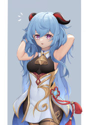 Rule 34 | 1girl, absurdres, adjusting hair, alternate hairstyle, armpits, bare arms, bell, black legwear, blue hair, breasts, chinese knot, commentary request, covered navel, flower knot, ganyu (genshin impact), genshin impact, gold trim, highres, horns, long hair, looking at viewer, medium breasts, neck bell, notice lines, open mouth, purple eyes, rh huinai, sideboob, sidelocks, skindentation, sleeveless, solo, standing, tassel, thighlet, thighs, vision (genshin impact)