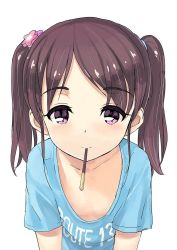Rule 34 | 1girl, blue shirt, brown eyes, brown hair, clothes writing, downblouse, flat chest, food, jiji (aardvark), leaning forward, long hair, looking at viewer, mouth hold, no bra, original, pocky, shirt, simple background, smile, solo, t-shirt, twintails, upper body, white background