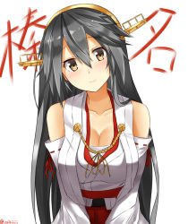 Rule 34 | 10s, 1girl, bare shoulders, blush, breasts, brown eyes, character name, cleavage, detached sleeves, ffmania7, grey hair, hair between eyes, hairband, haruna (kancolle), head tilt, headgear, isshiki (ffmania7), japanese clothes, kantai collection, long hair, looking at viewer, nontraditional miko, pleated skirt, red skirt, sarashi, simple background, skirt, smile, solo, twitter username, upper body, v arms, white background