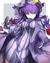 Rule 34 | 1girl, absurdres, bad id, bad twitter id, book, border, bow, breasts, crescent, crescent hair ornament, crescent hat ornament, dress, grey background, hair ornament, hat, hat ornament, highres, long dress, long hair, long sleeves, looking at viewer, mob cap, patchouli knowledge, purple eyes, purple hair, ribbon, solo, striped clothes, striped dress, touhou, vertical-striped clothes, vertical-striped dress, vivo (vivo sun 0222), white border