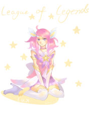 Rule 34 | 1girl, absurdres, ahoge, alternate costume, alternate hair color, alternate hairstyle, between legs, choker, copyright name, elbow gloves, gloves, hand between legs, highres, kiku (mmyko), league of legends, lux (league of legends), magical girl, pink hair, purple eyes, sailor collar, simple background, sitting, solo, star guardian (league of legends), star guardian lux, tiara, twintails, wariza, white gloves