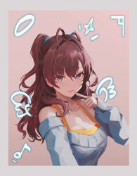 Rule 34 | 1girl, absurdres, ahoge, blue eyes, blue sweater, blush, breasts, brown hair, cleavage, collarbone, commentary request, drawn halo, drawn wings, finger to mouth, hair between eyes, halo, highres, ichinose shiki, idolmaster, idolmaster cinderella girls, long hair, looking at viewer, medium breasts, musical note, off-shoulder sweater, off shoulder, orange shirt, parted lips, picture frame, pointing, pointing at self, purikura, qingli ye, shirt, sleeveless, sleeveless shirt, smile, sweater, two side up, upper body, wavy hair, wings