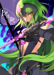 Rule 34 | 1girl, bare shoulders, c.c., check translation, code geass, cosplay, creayus, fate/grand order, fate (series), green hair, jeanne d&#039;arc (fate), jeanne d&#039;arc alter (avenger) (fate), jeanne d&#039;arc alter (fate), jeanne d&#039;arc alter (fate) (cosplay), long hair, ruler (fate/grand order), solo, sword, text focus, translation request, weapon, yellow eyes