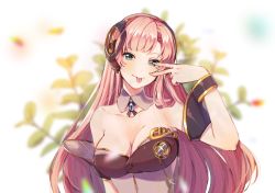 Rule 34 | 1girl, :p, armband, blurry, blurry background, breasts, collarbone, commentary, detached collar, dress, floral background, gold trim, large breasts, long hair, looking at viewer, megurine luka, megurine luka (vocaloid4), pink hair, plant, solo, strapless, strapless dress, tongue, tongue out, upper body, v, v over eye, very long hair, vocaloid, white background, wrist cuffs, yen-mi