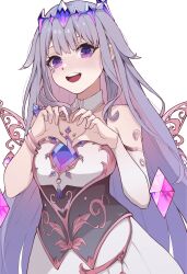 Rule 34 | 1girl, absurdres, bare shoulders, black corset, blush, breasts, chest jewel, corset, crown, crystal, detached collar, detached wings, dress, gem, gem hair ornament, gradient hair, grey hair, hair flaps, heart, heart hands, highres, hitozche, hololive, hololive english, jewel under eye, koseki bijou, koseki bijou (1st costume), long hair, looking at viewer, medium dress, metal wings, multicolored hair, open mouth, purple eyes, purple gemstone, purple hair, simple background, single arm guard, small breasts, smile, solo, strapless, strapless dress, tiara, underbust, very long hair, virtual youtuber, white background, white dress, wings