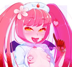Rule 34 | 1girl, artist name, bandaid, bandaids on nipples, blood, blood on hands, borrowed character, breasts, demon wings, ebola-chan, fangs, flower, hair flower, hair ornament, hat, highres, nurse, nurse cap, open mouth, original, pasties, pink hair, small breasts, solo, tongue, twintails, upper body, wings
