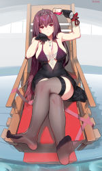 Rule 34 | 1girl, absurdres, alcohol, armpits, arms up, bare arms, bare shoulders, black gloves, black skirt, black thighhighs, breasts, chair, cleavage, couch, crossed legs, cup, drinking glass, fate/grand order, fate (series), feet, full body, gem, gloves, headwear request, highres, jewelry, large breasts, long hair, looking at viewer, ninai, no bra, no shoes, purple hair, red eyes, revealing clothes, scathach (fate), scathach skadi (fate), sitting, skirt, soles, thighhighs, toes, very long hair, wine, wine glass