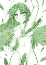 Rule 34 | 1girl, blush, bow, breasts, censored, convenient censoring, feathers, female focus, green theme, hair bow, hand up, kazetto, long hair, medium breasts, monochrome, navel, nude, open mouth, reiuji utsuho, sketch, smile, solo, third eye, touhou, wings