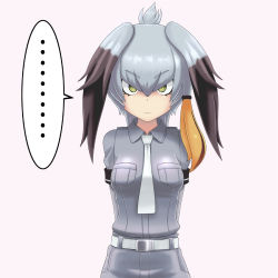 Rule 34 | ..., 10s, 1girl, arms behind back, belt, breast pocket, breasts, commentary request, green eyes, grey hair, grey shirt, hair between eyes, head wings, highres, kemono friends, looking at viewer, low ponytail, multicolored hair, necktie, pink background, pocket, serious, shirt, shoebill (kemono friends), short sleeves, side ponytail, simple background, solo, spoken ellipsis, staring, two-tone hair, v-shaped eyebrows, white necktie, winbee (selkie), wings