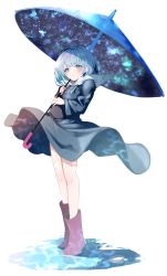 Rule 34 | 1girl, bad id, bad pixiv id, bare legs, blue dress, blue eyes, blue hair, boots, closed mouth, commentary, double exposure, dress, expressionless, full body, highres, holding, holding umbrella, hood, hood down, long sleeves, looking afar, original, raru (nanaharararu), reflection, reflective water, rubber boots, shadow, short hair, simple background, sky, solo, split mouth, standing, star (sky), starry sky, umbrella, white background, wide sleeves, wind