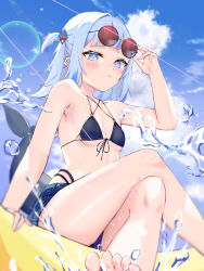 Rule 34 | 1girl, absurdres, bikini, black bikini, blue eyes, blue hair, blue sky, blunt bangs, blush, breasts, cloud, collarbone, crossed legs, day, eyewear on head, feet, fins, fish tail, front-tie bikini top, front-tie top, gawr gura, glasses, hair ornament, highres, hololive, hololive english, innertube, looking at viewer, medium hair, multicolored hair, ocean, oiranoid, outdoors, shark girl, shark hair ornament, shark tail, shorts, sitting, sky, small breasts, solo, streaked hair, sunglasses, swim ring, swimsuit, tail, thighs, toes, two side up, virtual youtuber, water, white hair